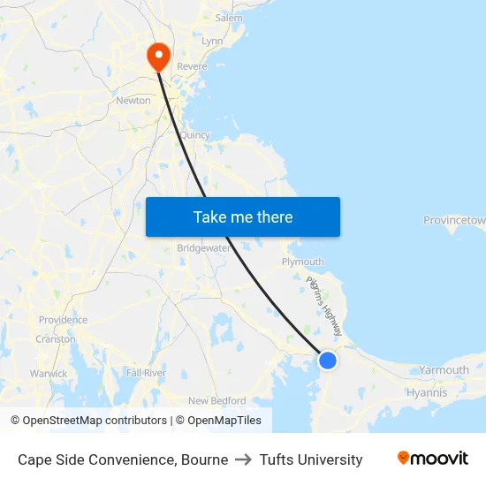 Cape Side Convenience, Bourne to Tufts University map