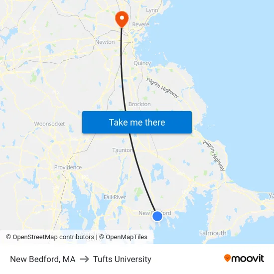 New Bedford, MA to Tufts University map