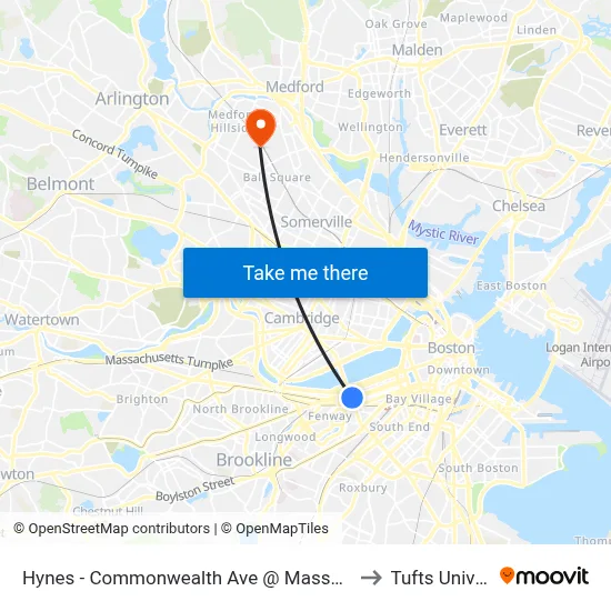 Hynes - Commonwealth Ave @ Massachusetts Ave to Tufts University map