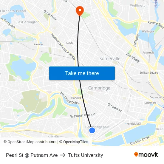 Pearl St @ Putnam Ave to Tufts University map