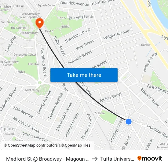 Medford St @ Broadway - Magoun Sq to Tufts University map