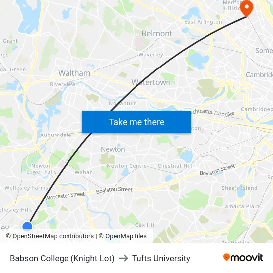 Babson College (Knight Lot) to Tufts University map