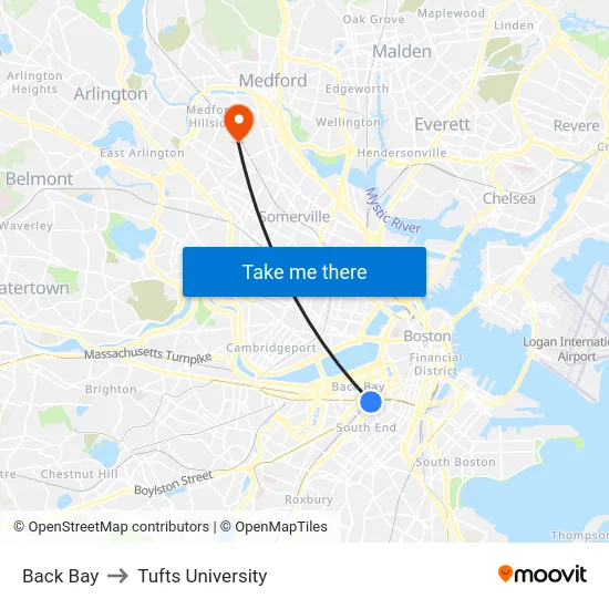 Back Bay to Tufts University map