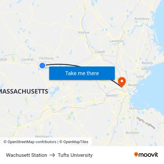Wachusett Station to Tufts University map
