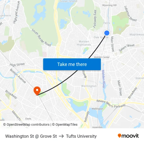 Washington St @ Grove St to Tufts University map