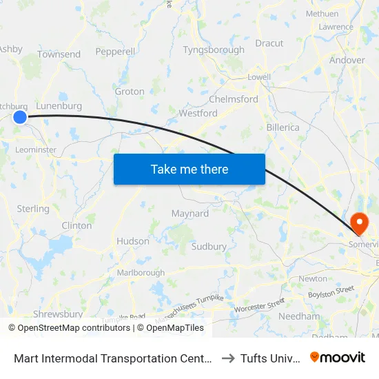Mart Intermodal Transportation Center, Fitchburg to Tufts University map