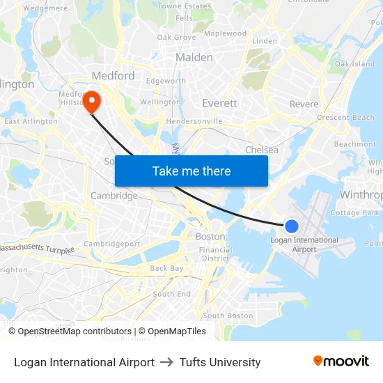 Logan International Airport to Tufts University map