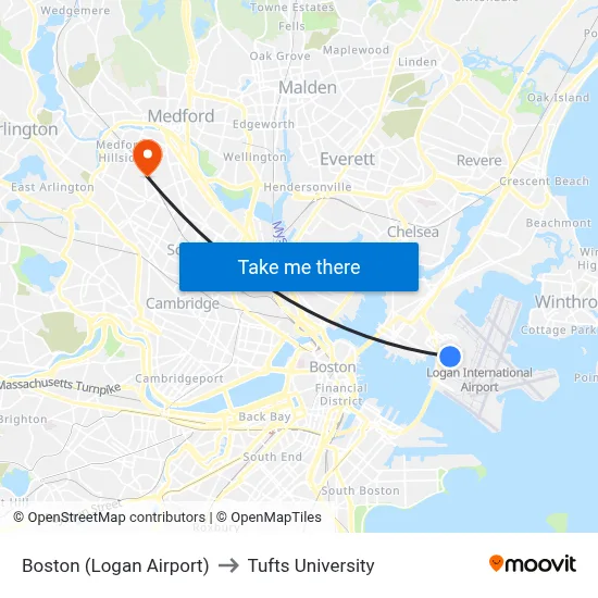 Boston (Logan Airport) to Tufts University map