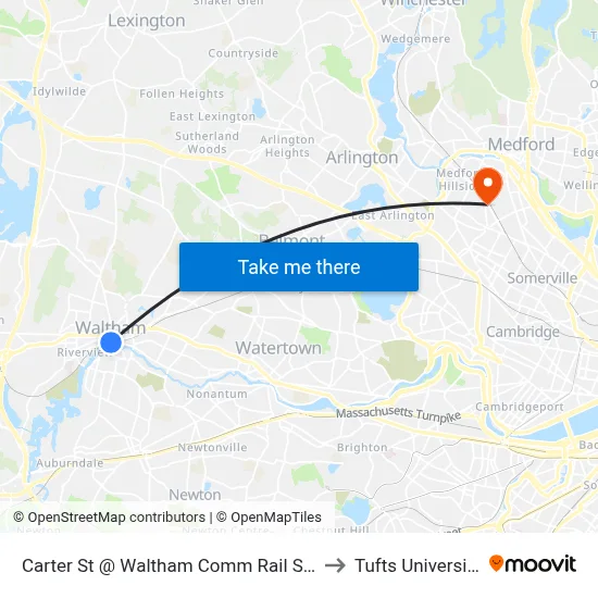 Carter St @ Waltham Comm Rail Sta to Tufts University map