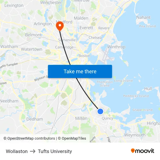 Wollaston to Tufts University map