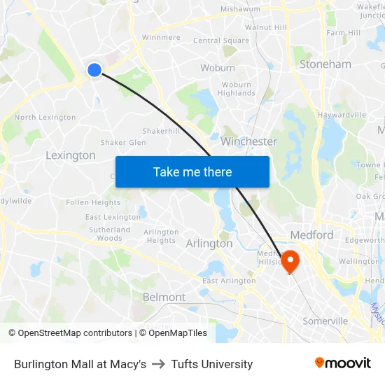 Burlington Mall at Macy's to Tufts University map