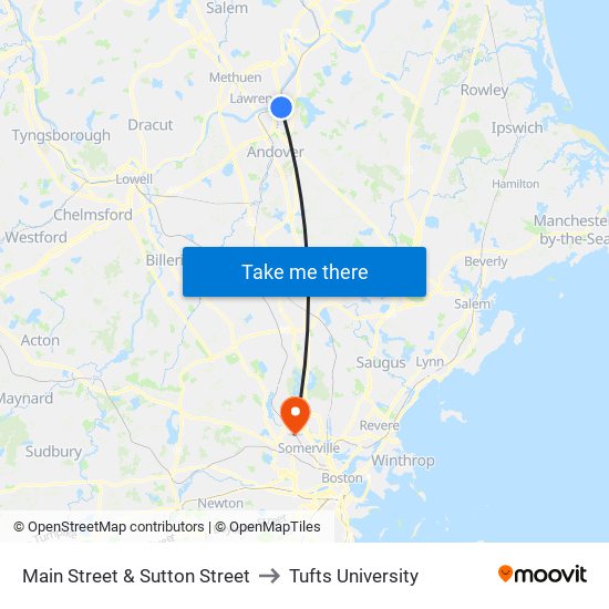 Main Street & Sutton Street to Tufts University map