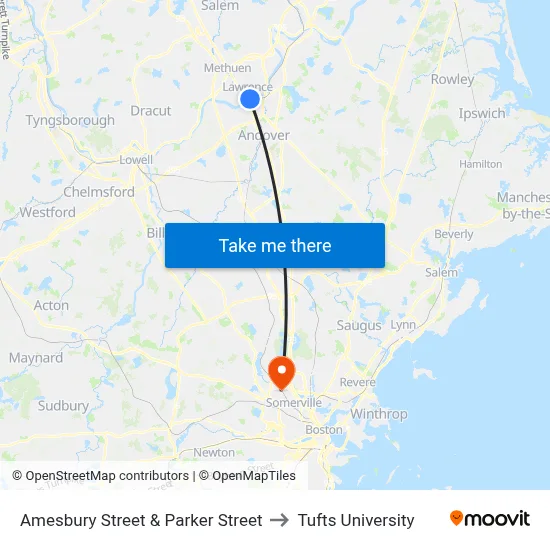 Amesbury Street & Parker Street to Tufts University map
