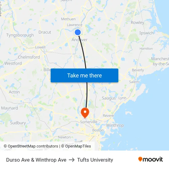 Durso Ave & Winthrop Ave to Tufts University map