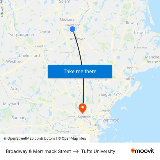 Broadway & Merrimack Street to Tufts University map