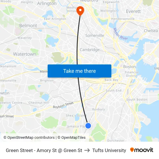 Green Street - Amory St @ Green St to Tufts University map