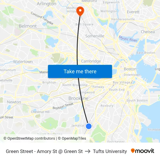Green Street - Amory St @ Green St to Tufts University map