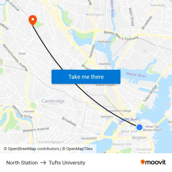 North Station to Tufts University map