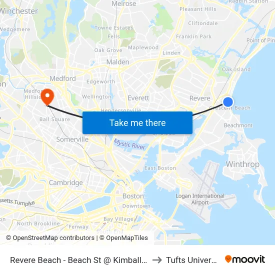Revere Beach - Beach St @ Kimball Ave to Tufts University map