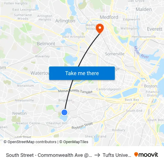 South Street - Commonwealth Ave @ South St to Tufts University map