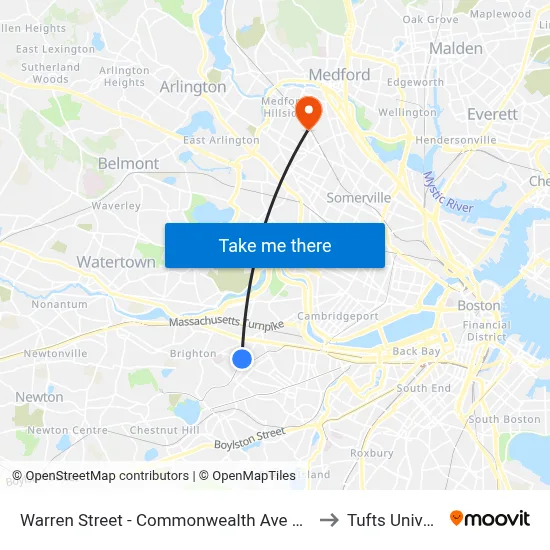 Warren Street - Commonwealth Ave @ Kelton St to Tufts University map