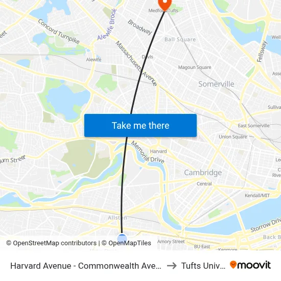 Harvard Avenue - Commonwealth Ave @ Harvard Ave to Tufts University map
