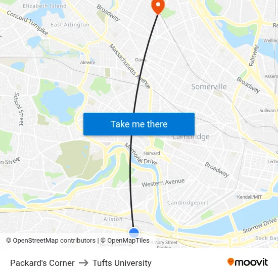 Packard's Corner to Tufts University map