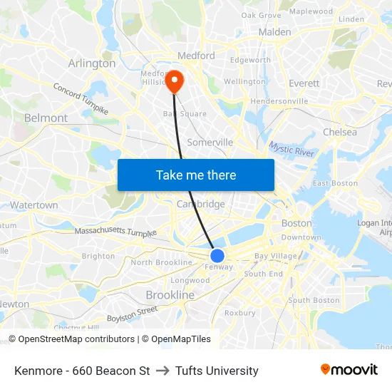 Kenmore - 660 Beacon St to Tufts University map