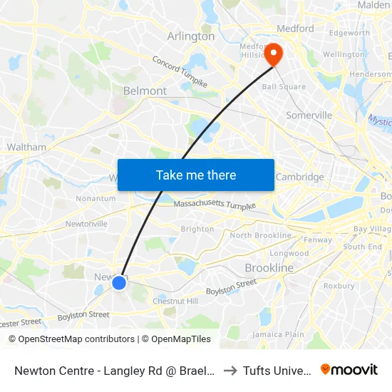 Newton Centre - Langley Rd @ Braeland Ave to Tufts University map