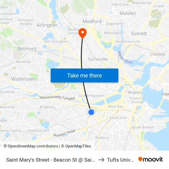 Saint Mary's Street - Beacon St @ Saint Mary's St to Tufts University map