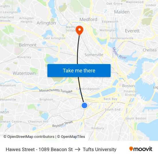 Hawes Street - 1089 Beacon St to Tufts University map