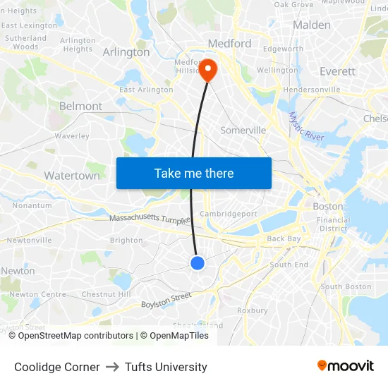 Coolidge Corner to Tufts University map