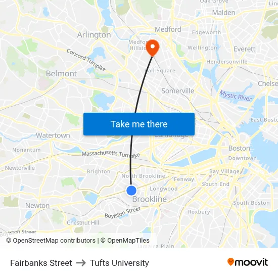 Fairbanks Street to Tufts University map