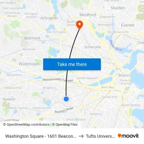 Washington Square - 1601 Beacon St to Tufts University map