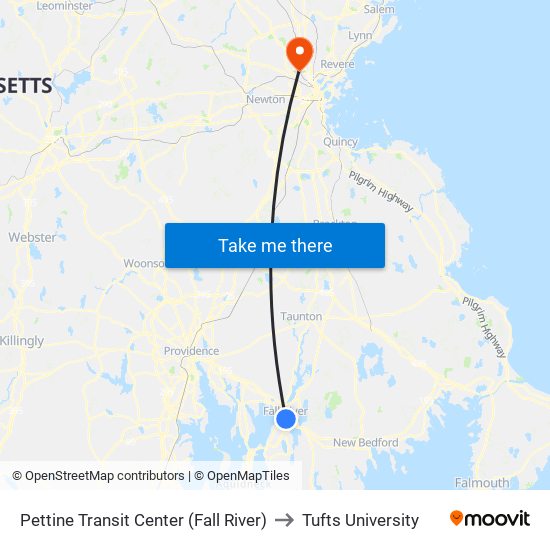 Pettine Transit Center (Fall River) to Tufts University map