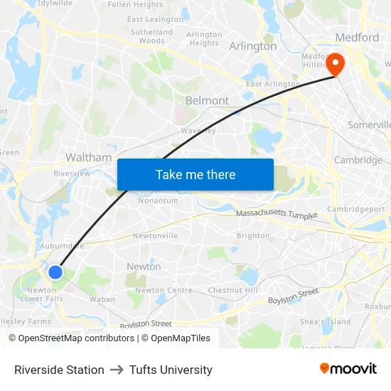 Riverside Station to Tufts University map