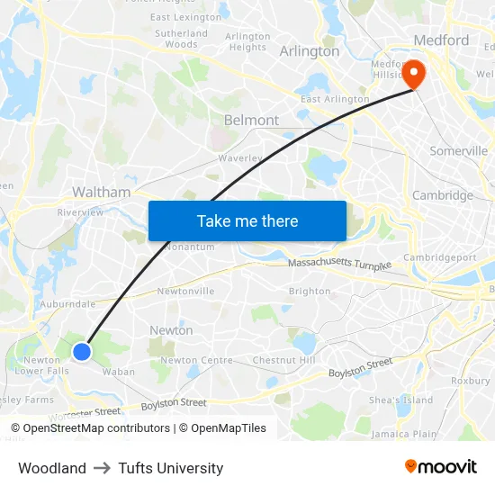 Woodland to Tufts University map