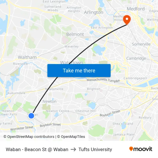 Waban - Beacon St @ Waban to Tufts University map