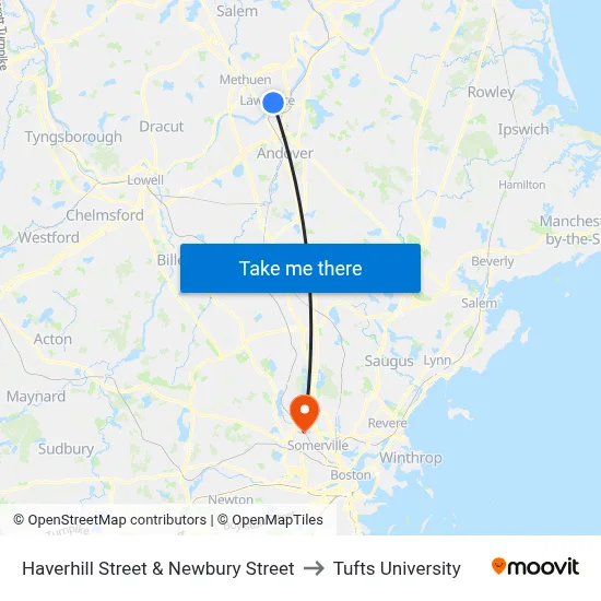Haverhill Street & Newbury Street to Tufts University map