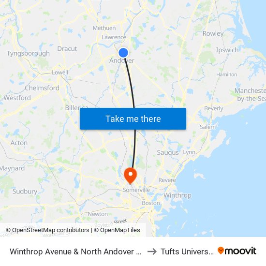 Winthrop Avenue & North Andover Mall to Tufts University map