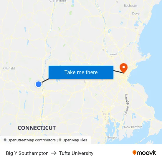 Big Y Southampton to Tufts University map