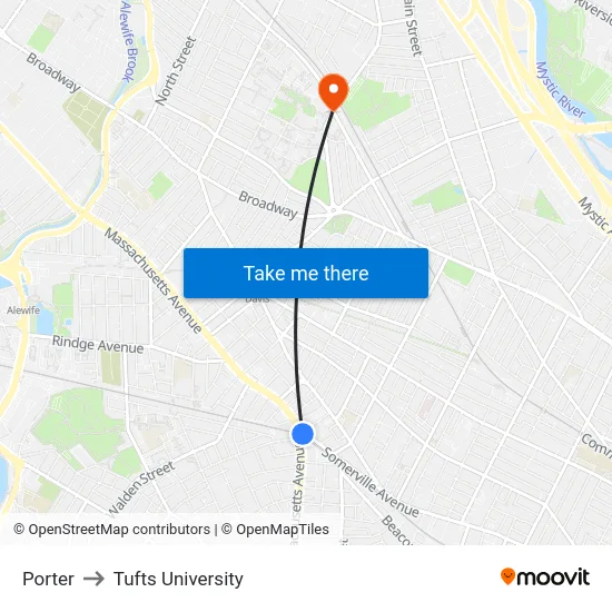 Porter to Tufts University map
