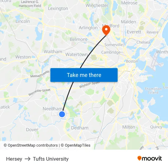 Hersey to Tufts University map