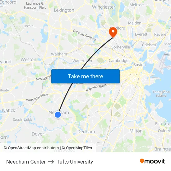 Needham Center to Tufts University map