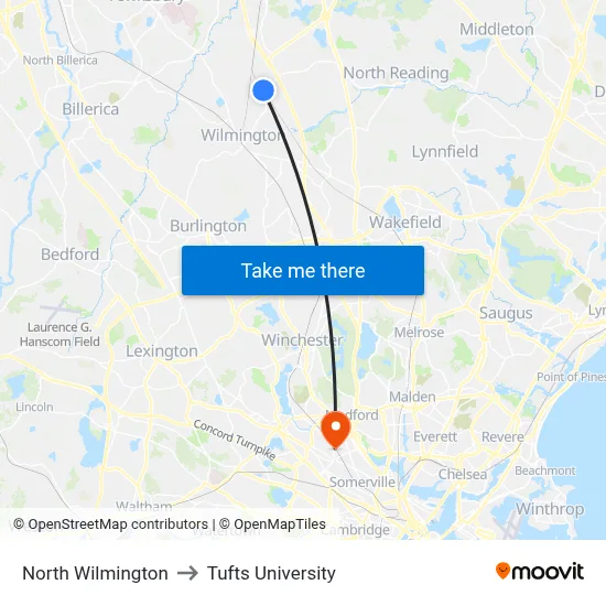 North Wilmington to Tufts University map