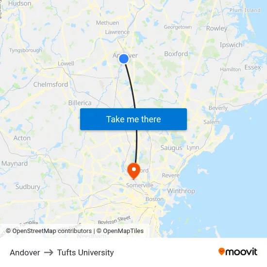 Andover to Tufts University map