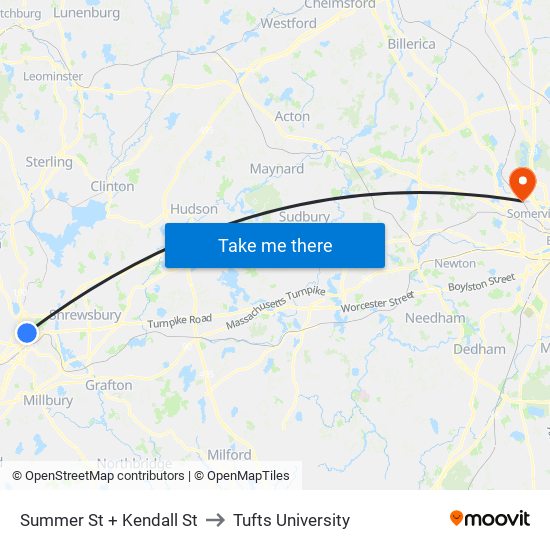 Summer St + Kendall St to Tufts University map