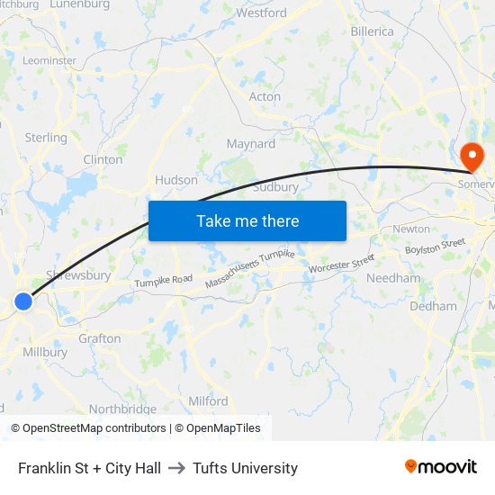 Franklin St + City Hall to Tufts University map