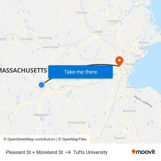 Pleasant St + Moreland St to Tufts University map