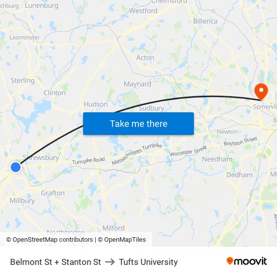 Belmont St + Stanton St to Tufts University map